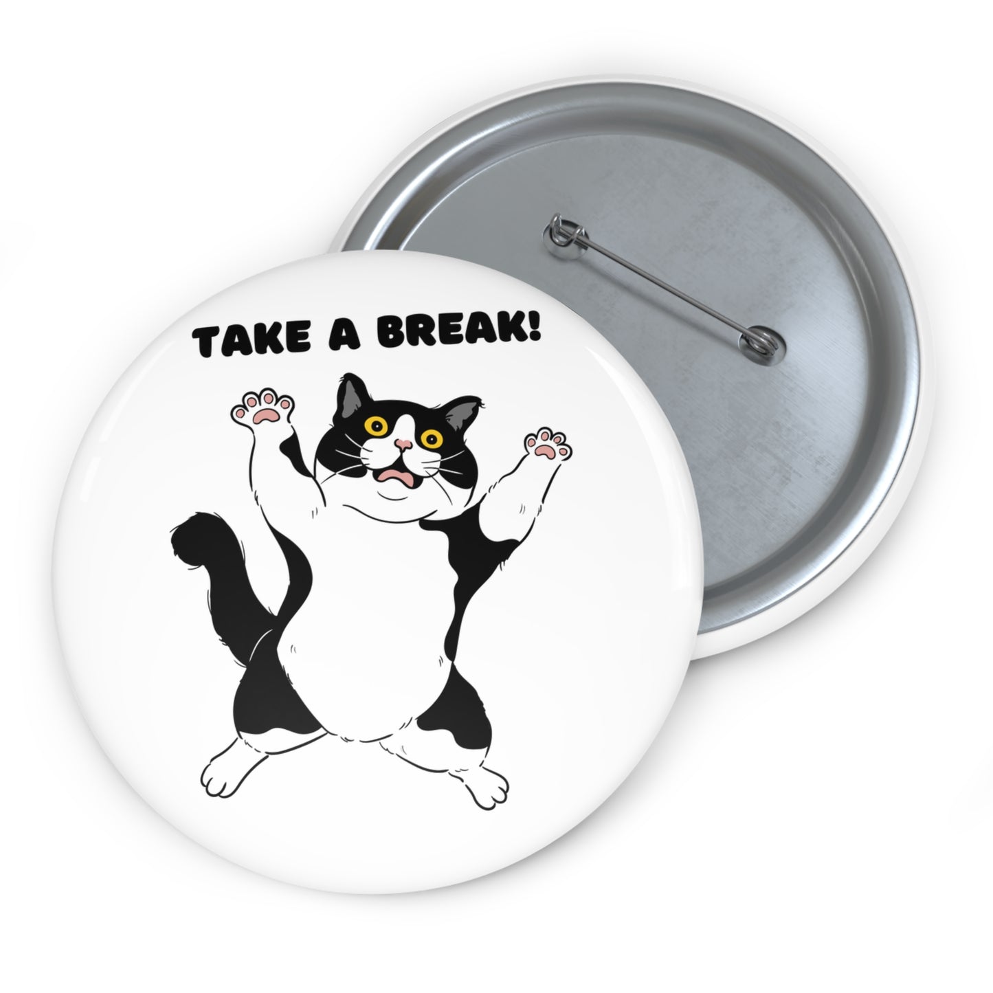 Botón pin personalizado con temática de gato: "¡Tómate un descanso!"