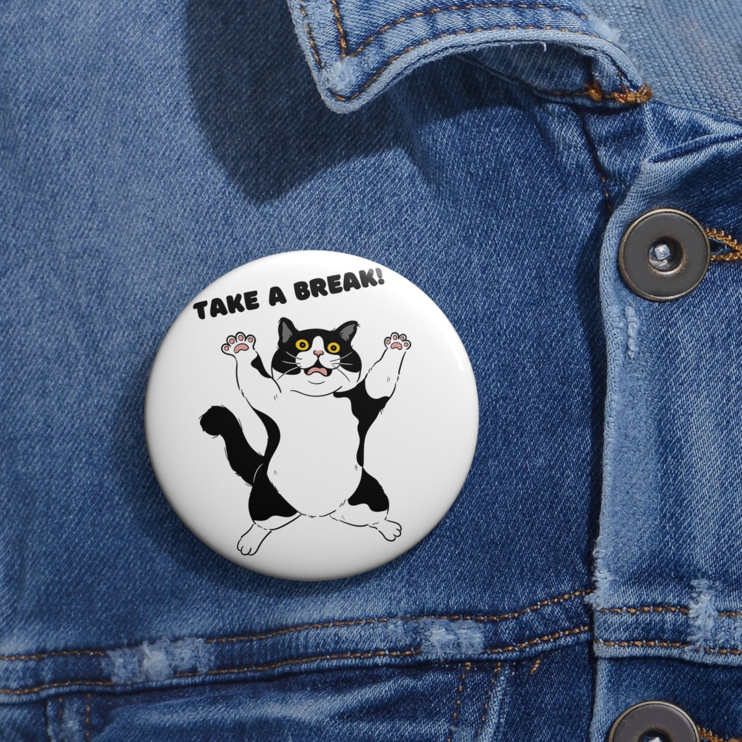 Botón pin personalizado con temática de gato: "¡Tómate un descanso!"