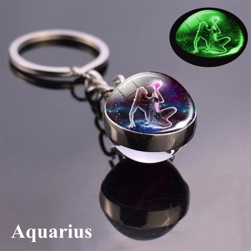 Starlight Zodiac Keychain: Glow-in-the-Dark Glass Ball Pendant with 12 Constellations – Unisex Cosmic Gift