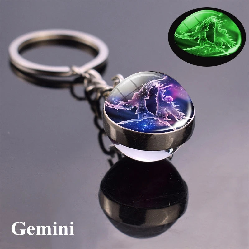 Starlight Zodiac Keychain: Glow-in-the-Dark Glass Ball Pendant with 12 Constellations – Unisex Cosmic Gift