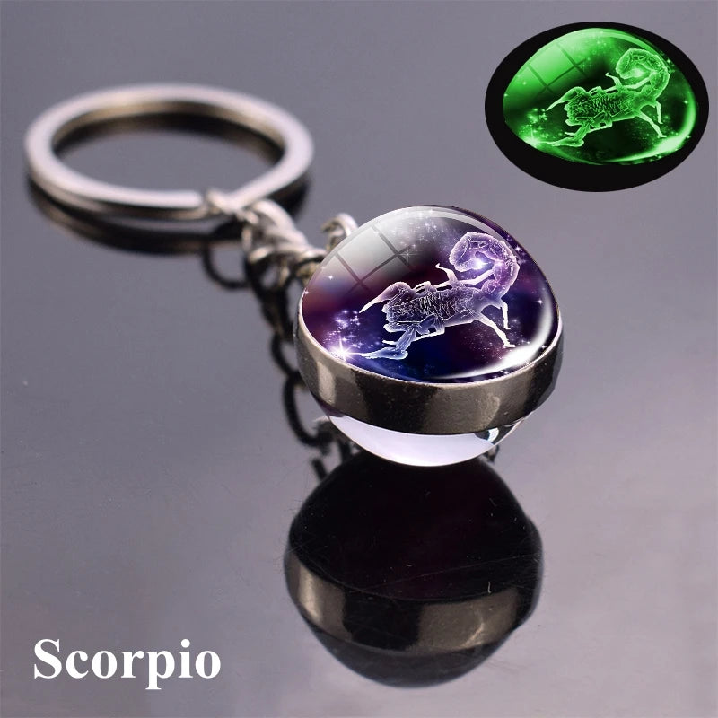 Starlight Zodiac Keychain: Glow-in-the-Dark Glass Ball Pendant with 12 Constellations – Unisex Cosmic Gift