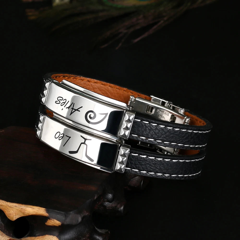 Rebel Zodiac Cuff Bracelet: Black Leather & Stainless Steel Constellation Cuff for Men – Personalized Punk Astro Jewelry