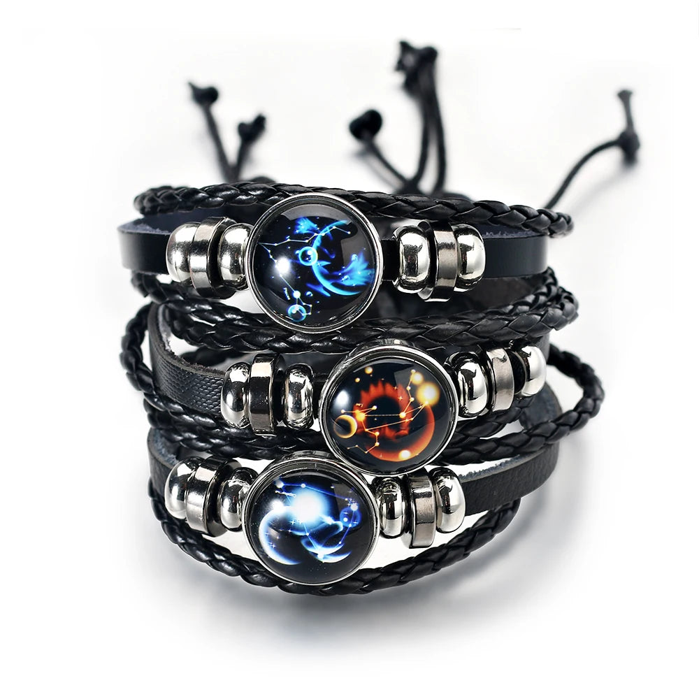 Vintage Astro Wrap Bracelet: Multilayer Leather Bangle for Men & Women – Zodiac Constellation Birthday Gift