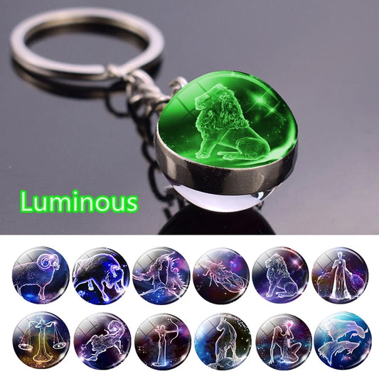 Starlight Zodiac Keychain: Glow-in-the-Dark Glass Ball Pendant with 12 Constellations – Unisex Cosmic Gift