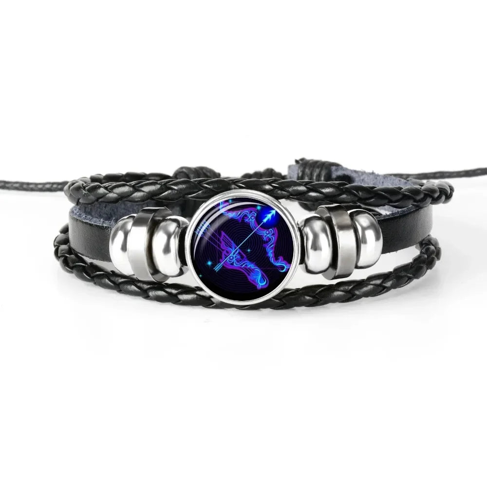 Lunar Luminance Bracelet: Glowing Zodiac Cuff for Men & Women – Vintage Leather Wrap Gift