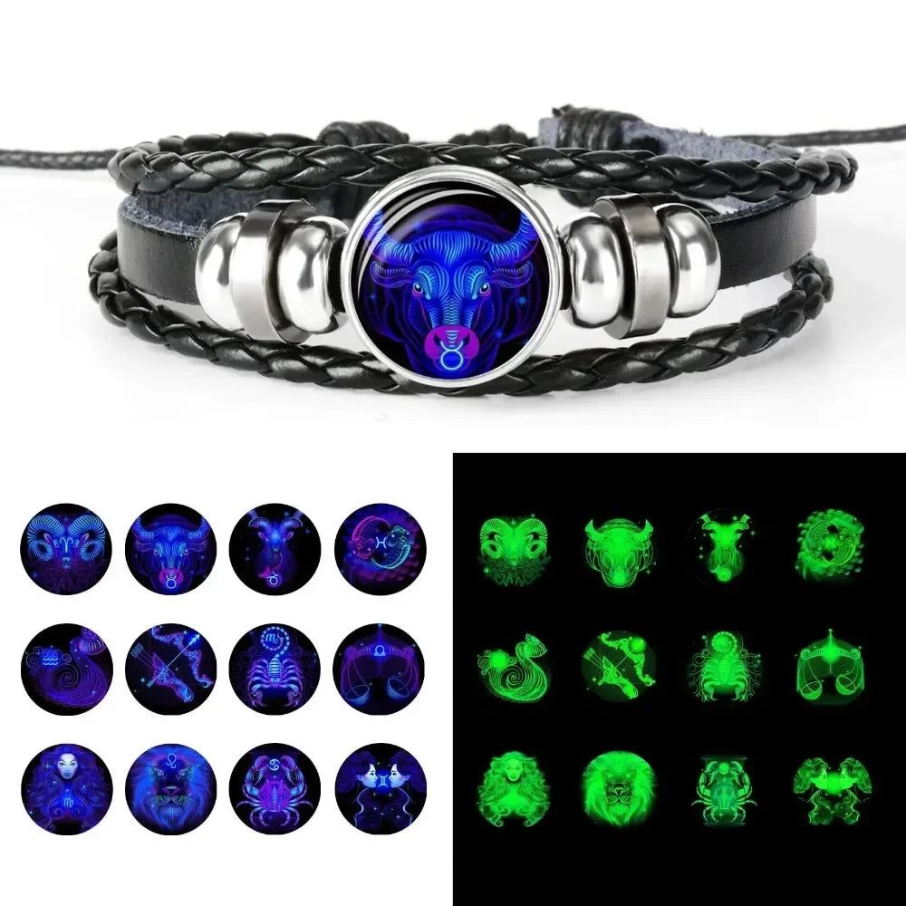 Lunar Luminance Bracelet: Glowing Zodiac Cuff for Men & Women – Vintage Leather Wrap Gift