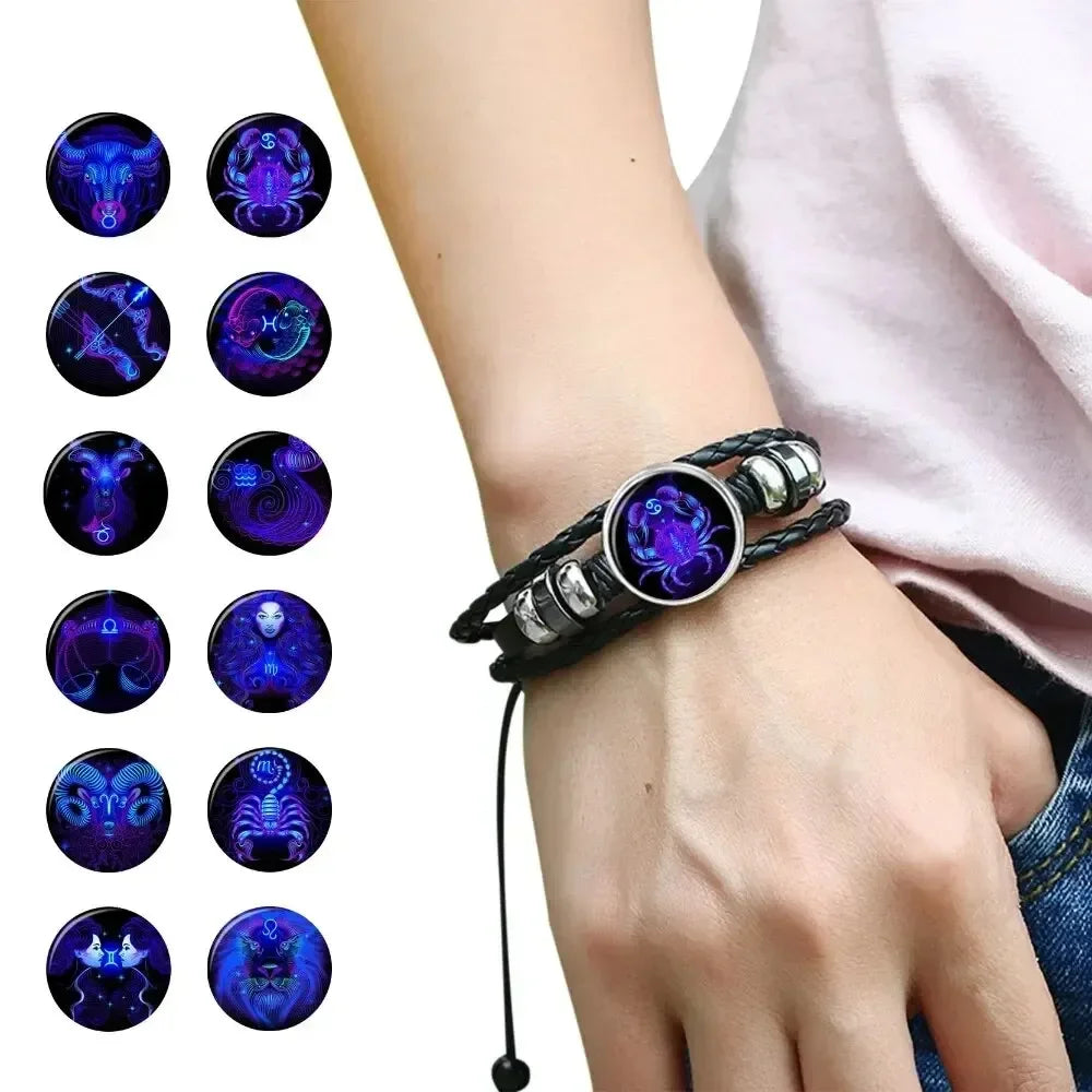 Lunar Luminance Bracelet: Glowing Zodiac Cuff for Men & Women – Vintage Leather Wrap Gift