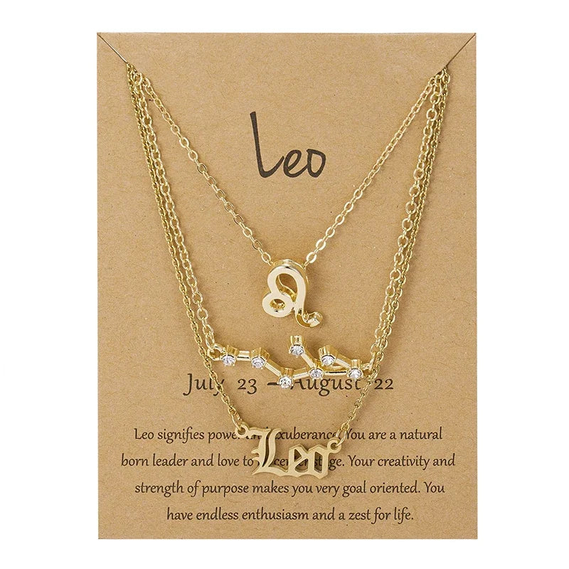 Celestial Trio Necklace Set: 3 Zodiac Pendant Chains for Women – Constellation Choker & Gift Card