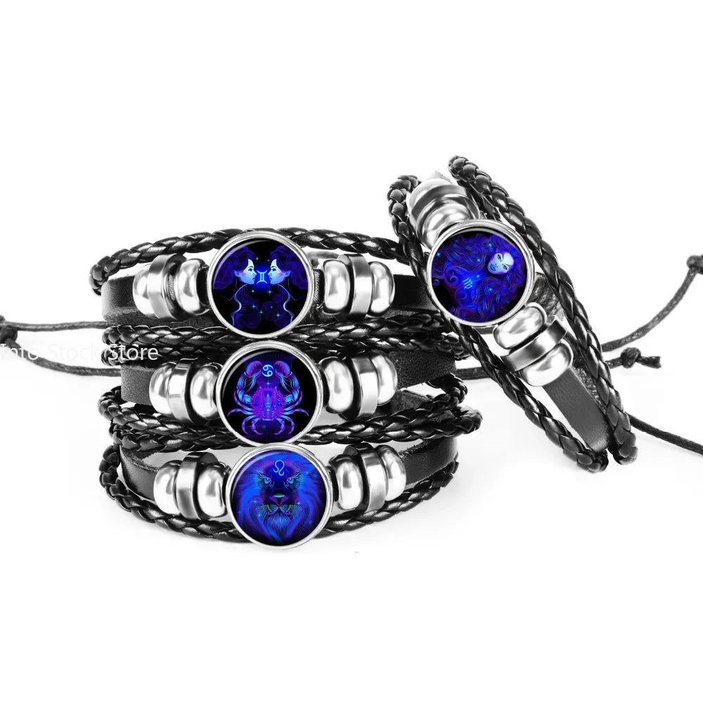 Celestial Edge Zodiac Bracelet: Braided Leather & Glass Dome Punk Cuff for Men (Cancer, Leo, Virgo, Libra)