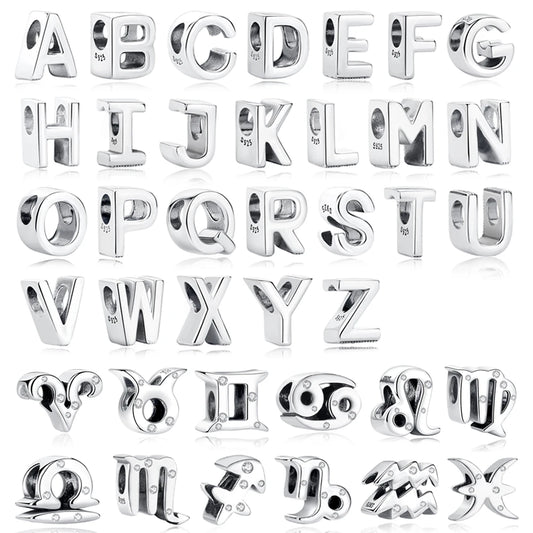 Original 925 Sterling Silver Charms Beads 12 Zodiac A-Z Letters Virgo Aries Fit Pan Brand Bracelets Necklaces Jewelry For Women