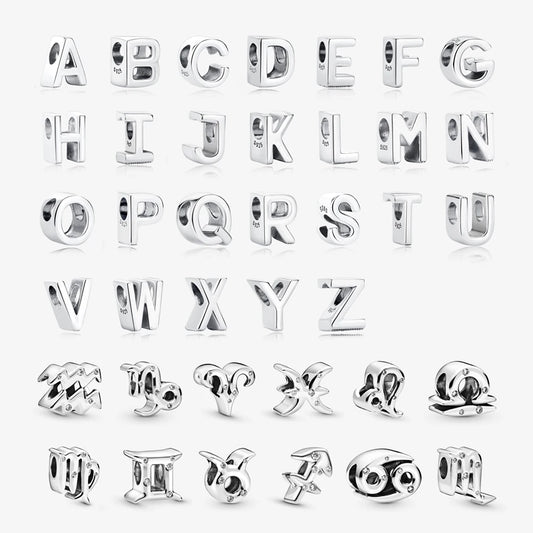 Celestial Alphabet Charms: Silver-Plated Zodiac & Crystal Beads for DIY Bracelets & Necklaces – A-Z Personalization