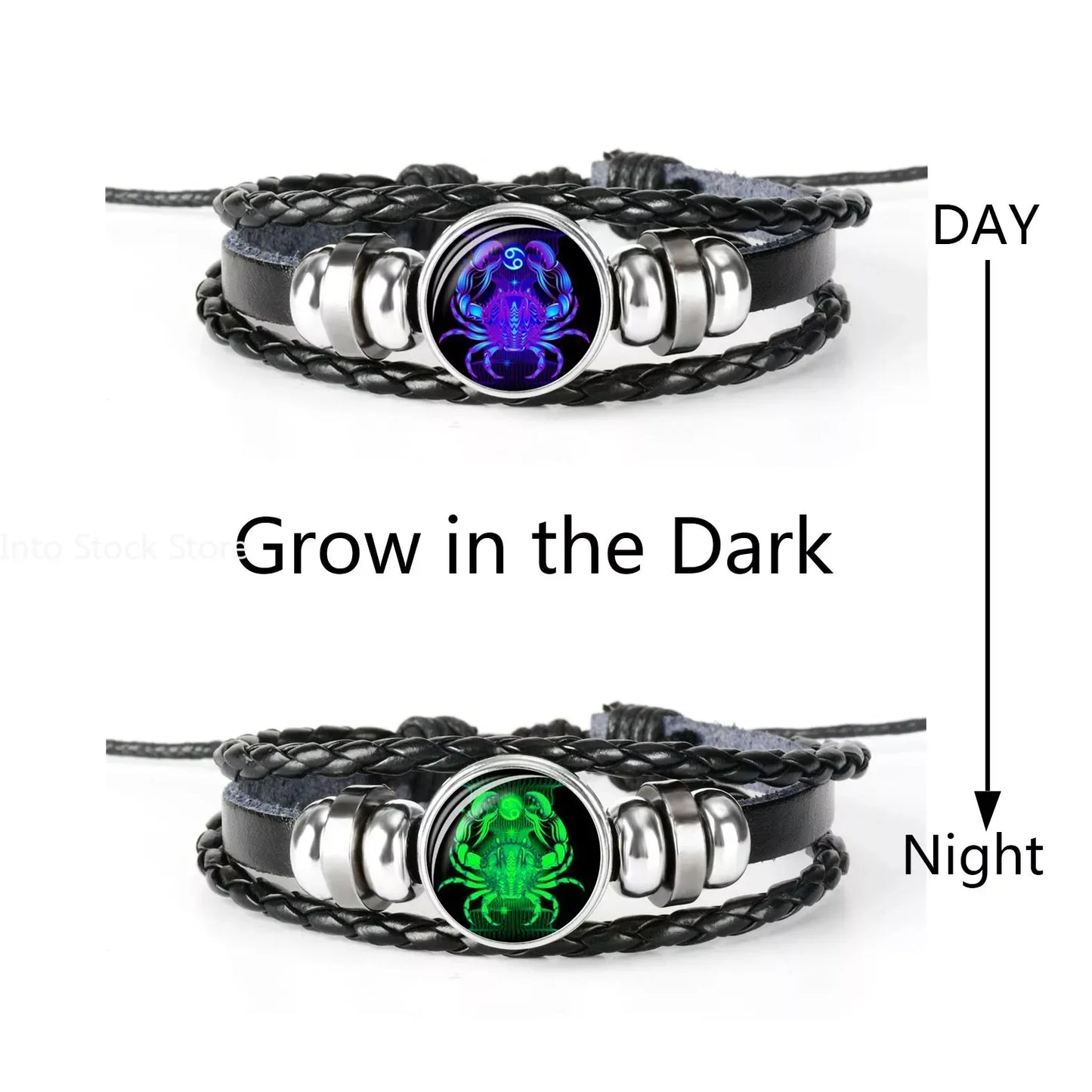 Celestial Edge Zodiac Bracelet: Braided Leather & Glass Dome Punk Cuff for Men (Cancer, Leo, Virgo, Libra)