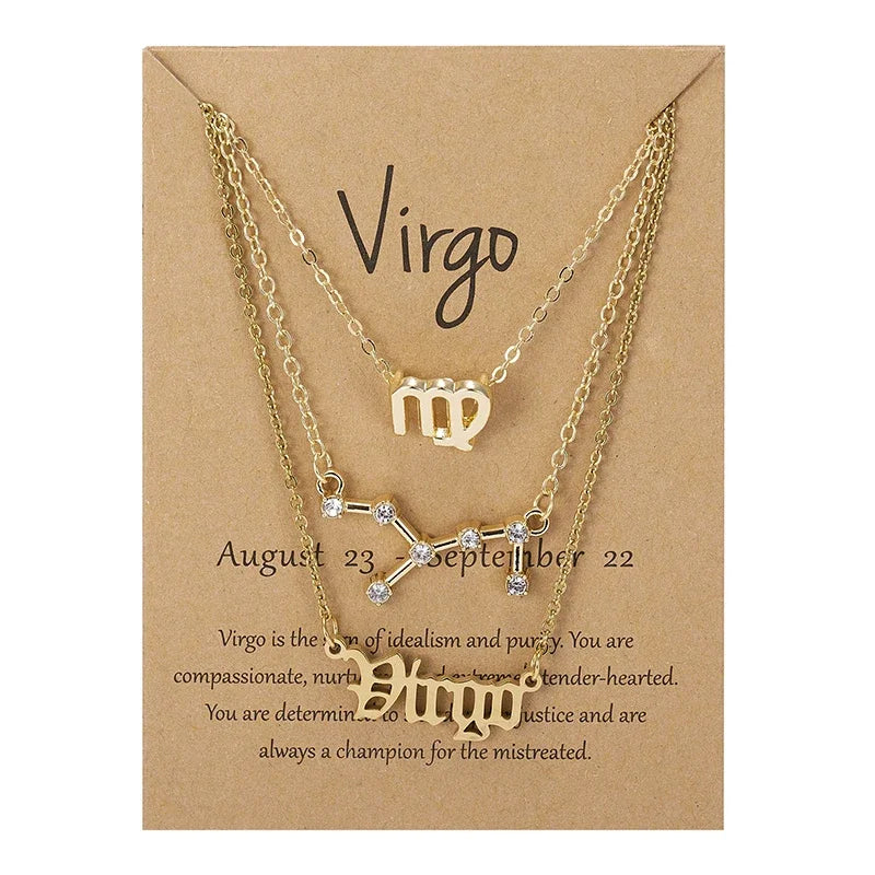 Celestial Trio Necklace Set: 3 Zodiac Pendant Chains for Women – Constellation Choker & Gift Card