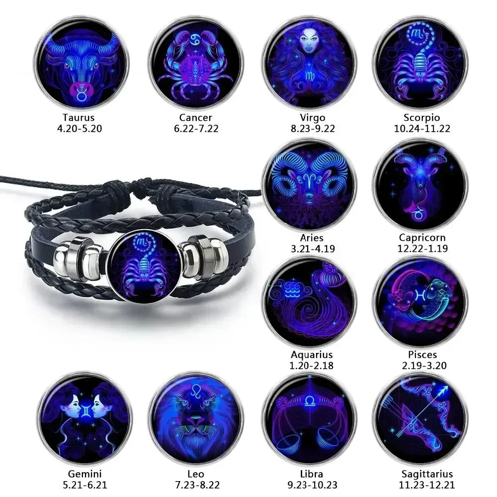 Lunar Luminance Bracelet: Glowing Zodiac Cuff for Men & Women – Vintage Leather Wrap Gift