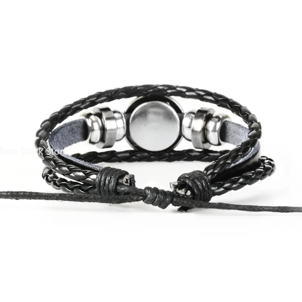 Celestial Edge Zodiac Bracelet: Braided Leather & Glass Dome Punk Cuff for Men (Cancer, Leo, Virgo, Libra)