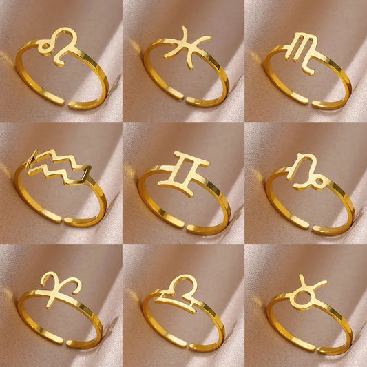 Timeless Zodiac Rings: Gold-Toned Stainless Steel Constellation Bands – Adjustable Heirloom Jewelry for Weddings & Christmas