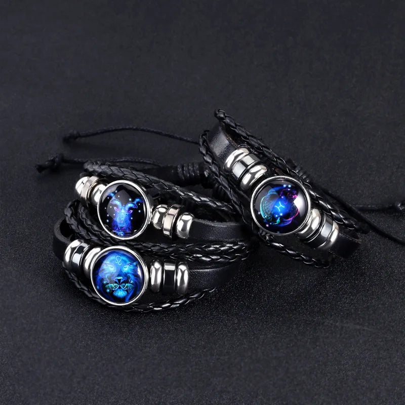 Lunar Luminance Bracelet: Glowing Zodiac Cuff for Men & Women – Vintage Leather Wrap Gift