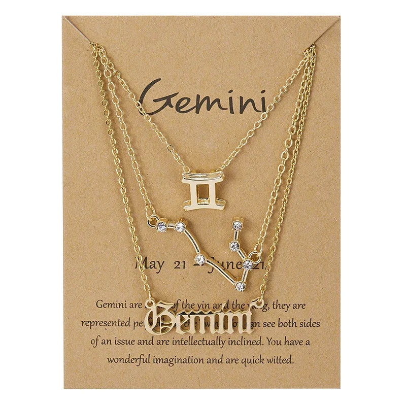 Celestial Trio Necklace Set: 3 Zodiac Pendant Chains for Women – Constellation Choker & Gift Card