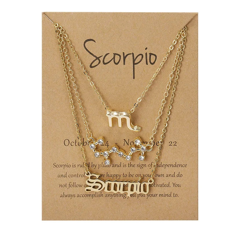 Celestial Trio Necklace Set: 3 Zodiac Pendant Chains for Women – Constellation Choker & Gift Card