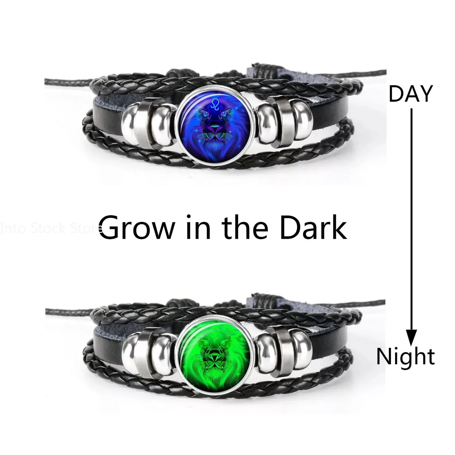 Celestial Edge Zodiac Bracelet: Braided Leather & Glass Dome Punk Cuff for Men (Cancer, Leo, Virgo, Libra)