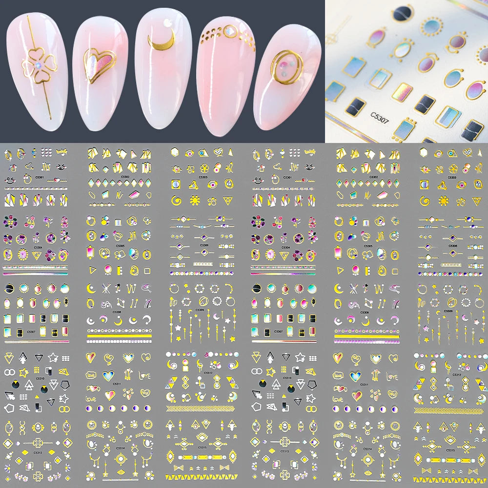 Lunar Luxe Nail Stickers: Gold-Edge Moon & Heart Zodiac Decals – Self-Adhesive Metallic Nail Art for Stellar Manicures